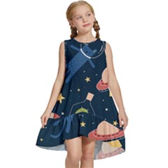 Seamless Pattern With Funny Alien Cat Galaxy Kids  Frill Swing Dress by Wegoenart