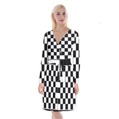 Chess Board Background Design Long Sleeve Velvet Front Wrap Dress by Wegoenart