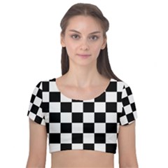 Chess Board Background Design Velvet Short Sleeve Crop Top  by Wegoenart