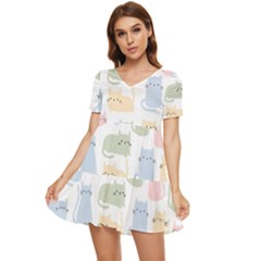 Cute-cat-colorful-cartoon-doodle-seamless-pattern Tiered Short Sleeve Babydoll Dress by Wegoenart