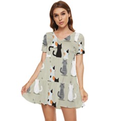 Cute-cat-seamless-pattern Tiered Short Sleeve Babydoll Dress by Wegoenart