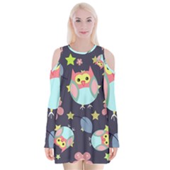 Owl Star Pattern Background Velvet Long Sleeve Shoulder Cutout Dress by Wegoenart