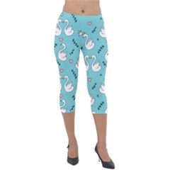 Elegant Swan Pattern Design Lightweight Velour Capri Leggings  by Wegoenart