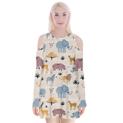 Wild-animals-seamless-pattern Velvet Long Sleeve Shoulder Cutout Dress by Wegoenart