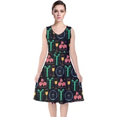 Hand-drawn-happy-birthday-pattern-background V-neck Midi Sleeveless Dress  by Wegoenart