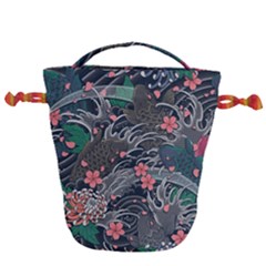 Japanese Wave Koi Illustration Seamless Pattern Drawstring Bucket Bag by Wegoenart