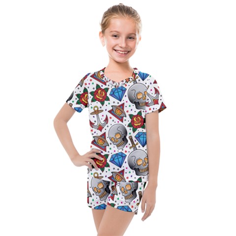 Full Color Flash Tattoo Patterns Kids  Mesh Tee And Shorts Set by Wegoenart