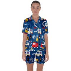 Car Cars Seamless Pattern Vector Rescue Team Cartoon Satin Short Sleeve Pajamas Set by Wegoenart
