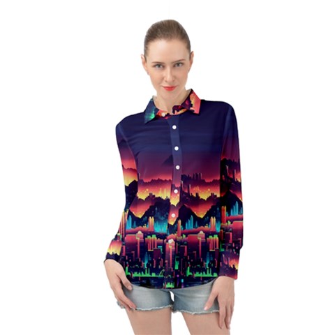 Cityscape Building Painting 3d City Illustration Long Sleeve Chiffon Shirt by danenraven