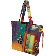 Illustration Robot Cute Sweet Futuristic Drawstring Tote Bag by Wegoenart