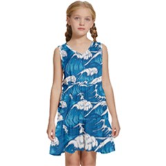 Storm Waves Seamless Pattern Raging Ocean Water Sea Wave Vintage Japanese Storms Print Illustration Kids  Sleeveless Tiered Mini Dress by BangZart