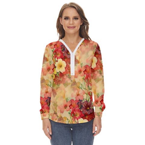 Seamless Pattern Textile Surface Luxury Vintage Zip Up Long Sleeve Blouse by Wegoenart