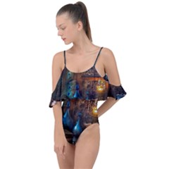 Blue Coffee Cups Cups Coffee Snack Blue Color Drape Piece Swimsuit by danenraven