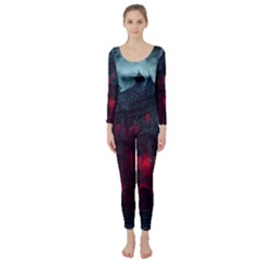 Haunted House Halloween Cemetery Moonlight Long Sleeve Catsuit by Pakemis