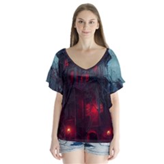 Haunted House Halloween Cemetery Moonlight V-neck Flutter Sleeve Top by Pakemis