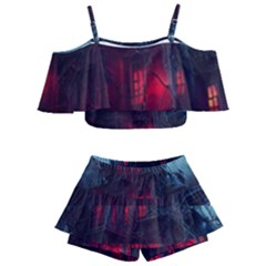 Haunted House Halloween Cemetery Moonlight Kids  Off Shoulder Skirt Bikini by Pakemis