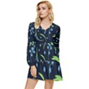 Abstract Wild Flower Dark Blue Background Blue Flowers Blossoms Flat Retro Seamless Pattern Daisy Tiered Long Sleeve Mini Dress View1