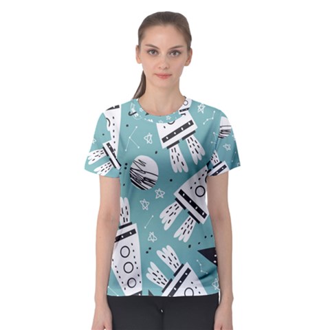Cute Seamless Pattern With Rocket Planets Stars Women s Sport Mesh Tee by Pakemis