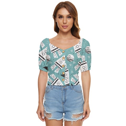 Cute Seamless Pattern With Rocket Planets Stars Button Up Blouse by Pakemis