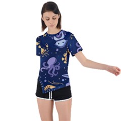 Marine Seamless Pattern Thin Line Memphis Style Asymmetrical Short Sleeve Sports Tee by Pakemis