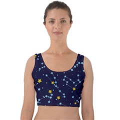 Seamless Pattern With Cartoon Zodiac Constellations Starry Sky Velvet Crop Top by Pakemis