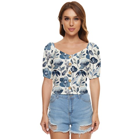 Indigo-watercolor-floral-seamless-pattern Button Up Blouse by Pakemis