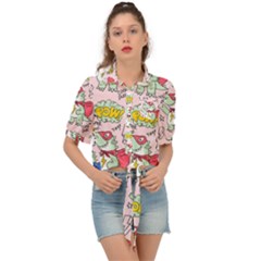 Seamless-pattern-with-many-funny-cute-superhero-dinosaurs-t-rex-mask-cloak-with-comics-style-inscrip Tie Front Shirt  by Pakemis
