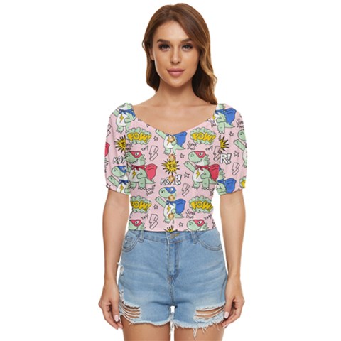 Seamless-pattern-with-many-funny-cute-superhero-dinosaurs-t-rex-mask-cloak-with-comics-style-inscrip Button Up Blouse by Pakemis
