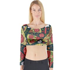 Vector-seamless-pizza-slice-pattern-hand-drawn-pizza-illustration-great-pizzeria-menu-background Long Sleeve Crop Top by Pakemis