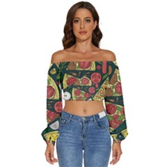 Vector-seamless-pizza-slice-pattern-hand-drawn-pizza-illustration-great-pizzeria-menu-background Long Sleeve Crinkled Weave Crop Top by Pakemis