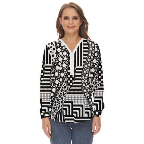 Black And White Zip Up Long Sleeve Blouse by gasi