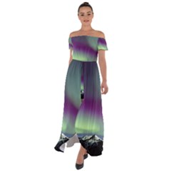 Aurora Stars Sky Mountains Snow Aurora Borealis Off Shoulder Open Front Chiffon Dress by Uceng