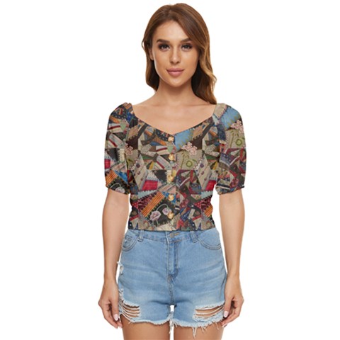 Background Embroidery Pattern Stitches Abstract Button Up Blouse by Uceng