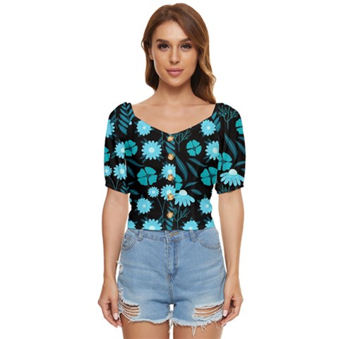 Flower Nature Blue Black Art Pattern Floral Button Up Blouse by Uceng