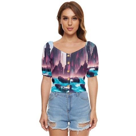 Urban City Cyberpunk River Cyber Tech Future Button Up Blouse by Uceng