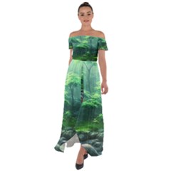 River Forest Woods Nature Rocks Japan Fantasy Off Shoulder Open Front Chiffon Dress by Uceng