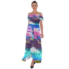 Fantasy Japan Mountains Cherry Blossoms Nature Off Shoulder Open Front Chiffon Dress by Uceng