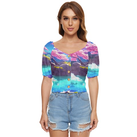 Fantasy Japan Mountains Cherry Blossoms Nature Button Up Blouse by Uceng