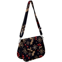 Christmas Pattern With Snowflakes Berries Saddle Handbag by Uceng