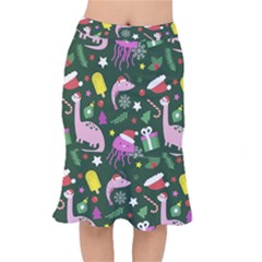 Dinosaur Colorful Funny Christmas Pattern Short Mermaid Skirt by Uceng