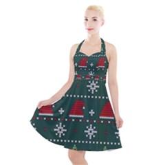Beautiful Knitted Christmas Pattern Halter Party Swing Dress  by Uceng