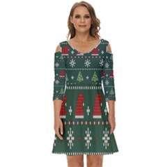 Beautiful Knitted Christmas Pattern Shoulder Cut Out Zip Up Dress by Uceng