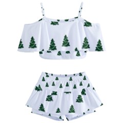 Green Christmas Trees White Kids  Off Shoulder Skirt Bikini by TetiBright