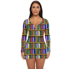 Books On A Shelf Long Sleeve Boyleg Swimsuit by TetiBright