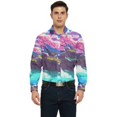 Fantasy Japan Mountains Cherry Blossoms Nature Men s Long Sleeve Pocket Shirt  by Uceng