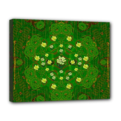 Lotus Bloom In Gold And A Green Peaceful Surrounding Environment Canvas 14  X 11  (stretched) by pepitasart