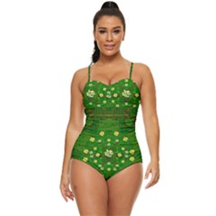 Lotus Bloom In Gold And A Green Peaceful Surrounding Environment Retro Full Coverage Swimsuit by pepitasart