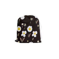 Daisy Flowers White Yellow Black  Drawstring Pouch (small) by Mazipoodles