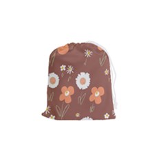 Daisy Flowers Coral White Green Brown  Drawstring Pouch (small) by Mazipoodles