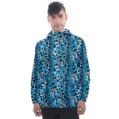 Blue Leopard Men s Front Pocket Pullover Windbreaker by DinkovaArt
